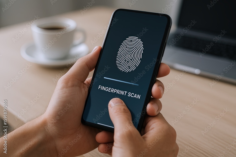 Poster close-up of a person scanning fingerprint on smartphone screen for biometric security.