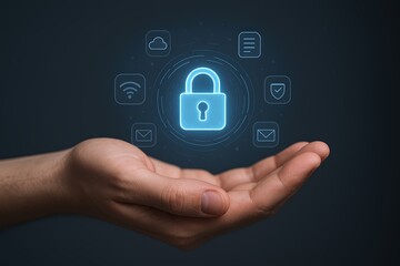 Digital security concept with a glowing blue lock surrounded by technology icons floating above hand.