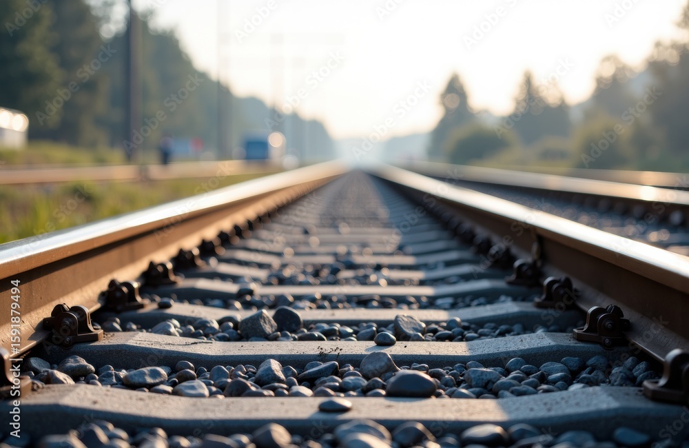 Poster a close-up view of railway tracks extending into the distance on a sunny day