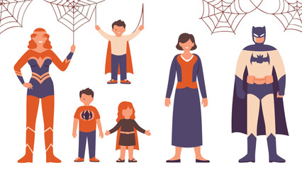 Cartoon family in superhero costumes including batman and spiderwebs for halloween party celebration event