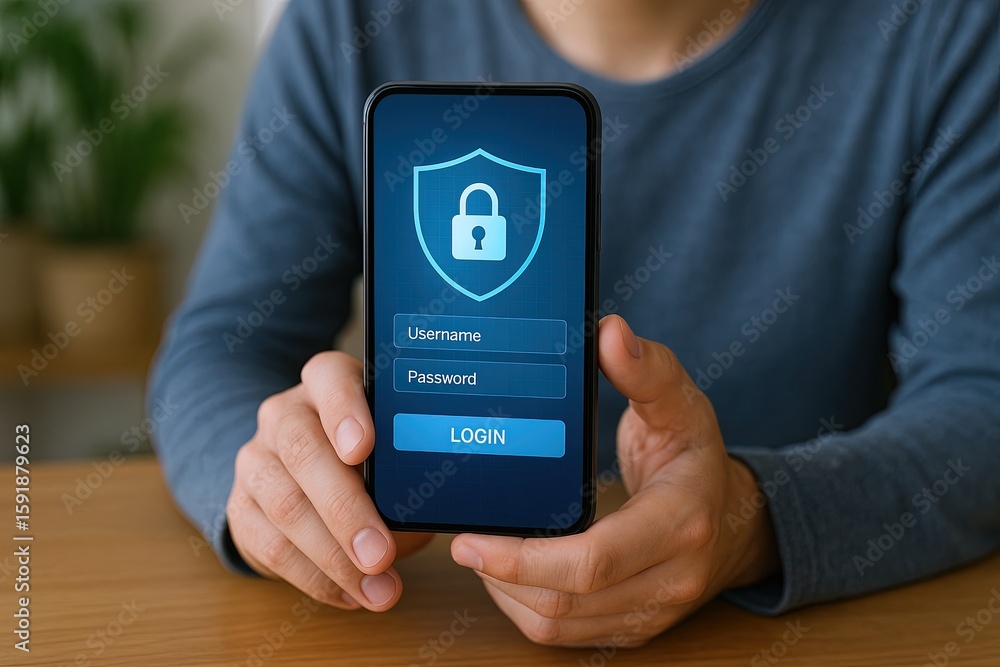 Poster person holding smartphone with digital lock screen app showing secure login interface.