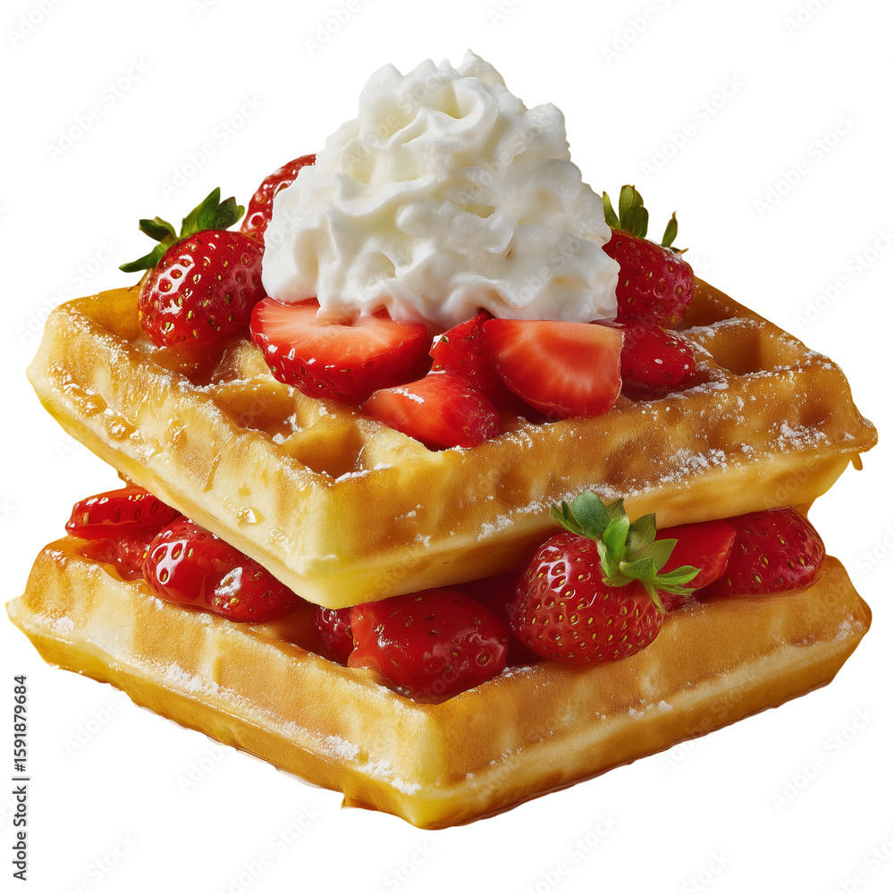 Poster a stack of waffles topped with strawberries and whipped cream on black background isolated on transp