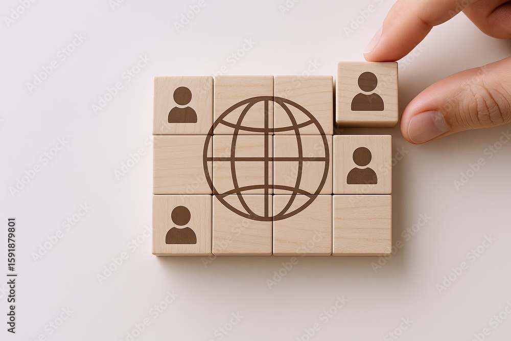 Aufkleber hand placing wooden block with user icon on globe symbol representing global connectivity.