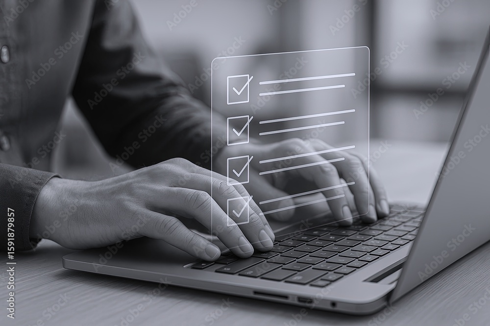 Poster close-up of a person using a laptop with transparent digital checklist overlay in modern workspace.