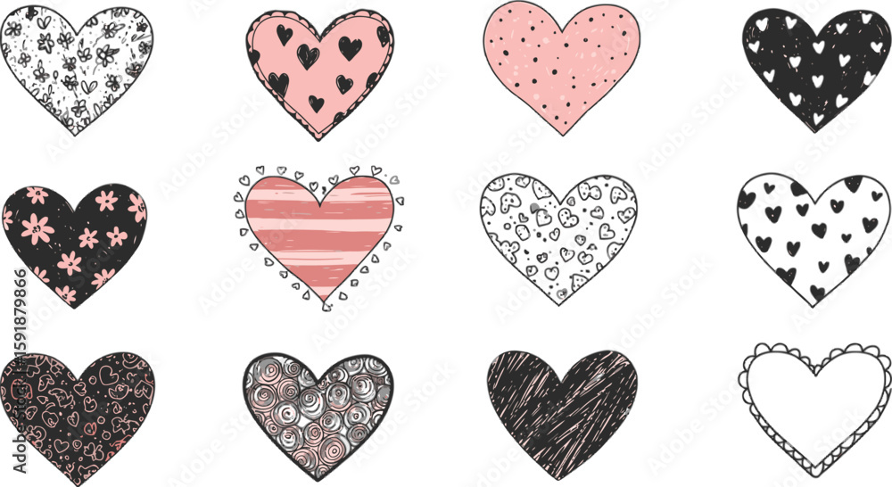 Poster vector art of a collection of twelve handdrawn heart designs, perfect for adding a personal touch to