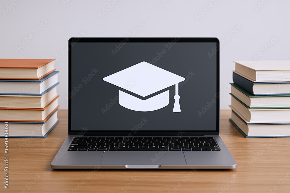 Poster modern digital learning concept with open laptop displaying academic hat icon on screen.