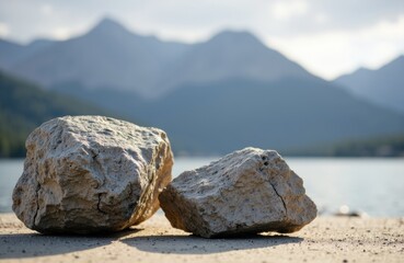 Rocks resting on sandy shore with mountains and lake in background