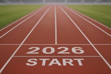 Long outdoor running track with lanes and start line for race 2026 event.