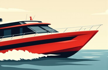 A sleek red and black motor yacht speeding across calm water under a clear sky