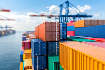Fototapeta premium Shipping Containers at Dock: A vibrant stack of cargo containers ready for global transport at a bustling port, signaling worldwide trade and logistics.