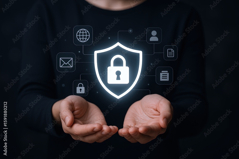 Poster digital security and privacy protection with shield icon and cloud network visualization.