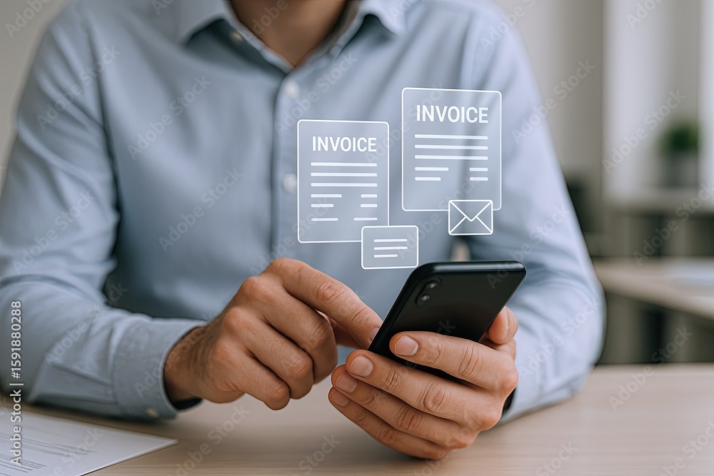 Poster businessman using smartphone with digital invoice and email notifications in office.