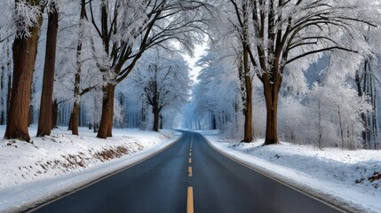 Obraz premium A solitary asphalt road winds through a breathtaking winter forest adorned with frosted trees and a blanket of pristine snow