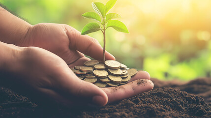 hands holding a plant money coins saving