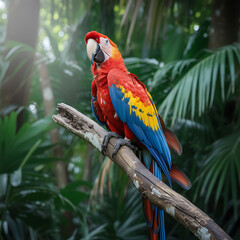 Obraz premium Scarlet macaw perched on a branch in lush green foliage