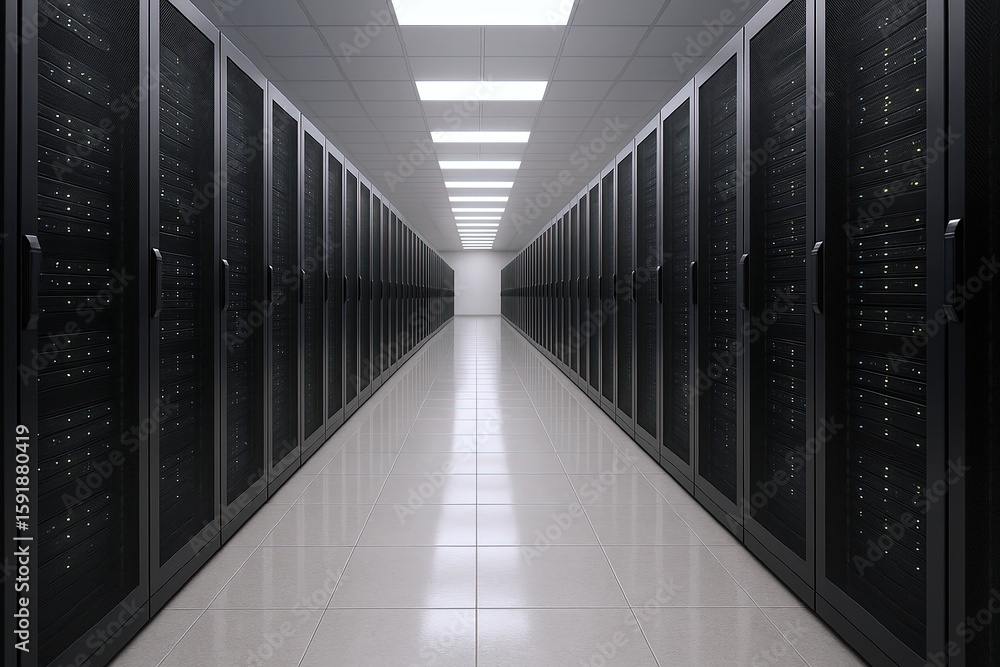 Poster modern data center room with rows of black server racks in bright well-lit environment.