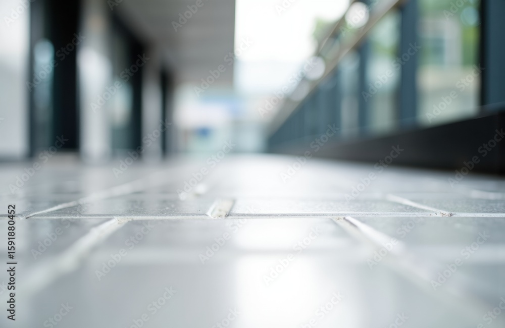 Poster smooth tiled floor in modern building corridor with large windows and natural light