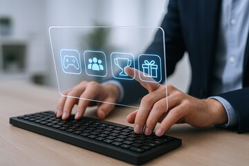 Businessman using transparent digital interface with icons for gaming social media gifts and communication.