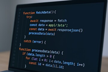 Close up of a computer screen displaying code with syntax highlighting and programming language elements.