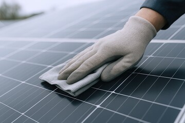 Close-up of hand wearing a glove cleaning solar panel surface with cloth.