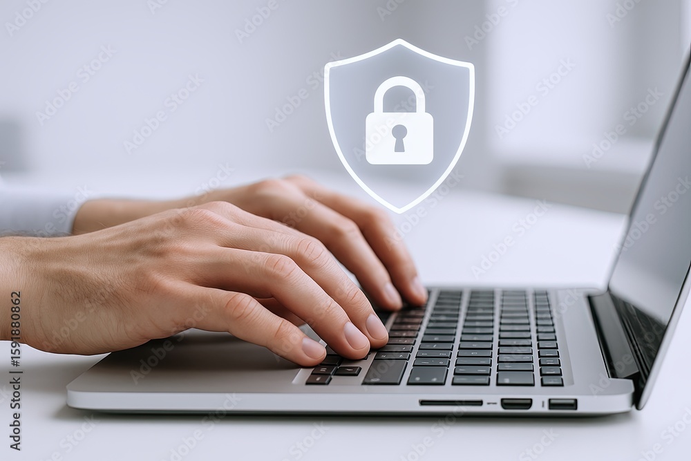 Aufkleber close-up of hands typing on a laptop with a digital security shield icon floating above.
