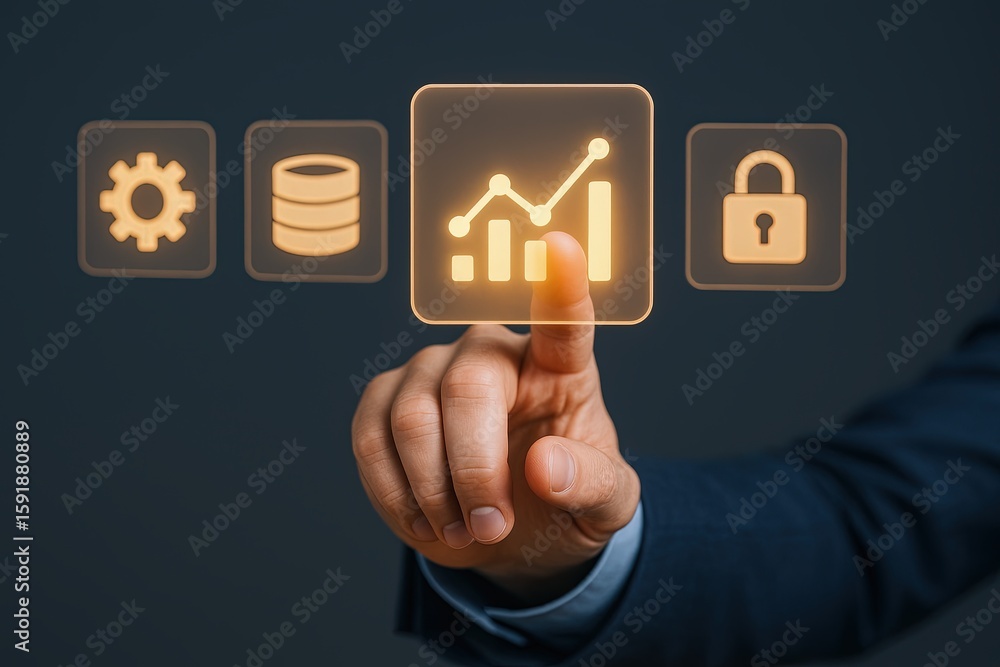 Aufkleber businessman touching digital graph icon with analytics growth and data security.