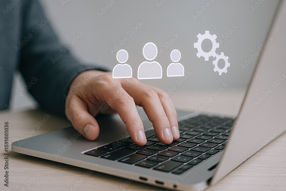 Poster close up of person's hand typing on laptop computer with digital icons and gears in background.