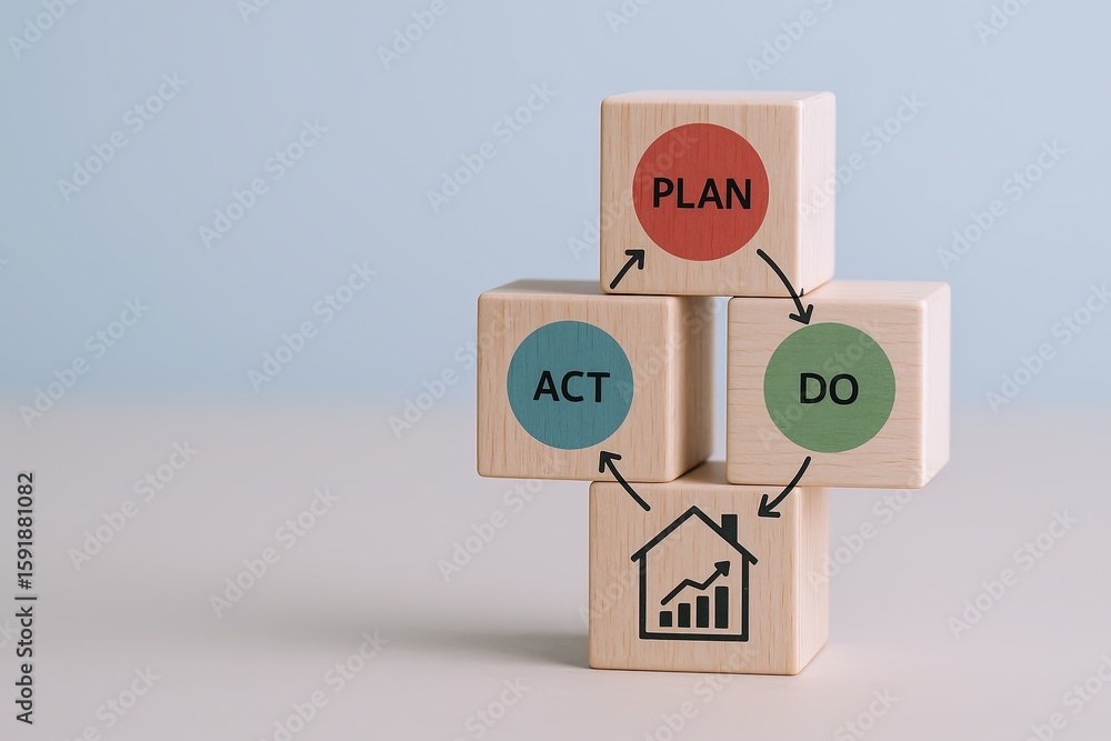Poster wooden blocks displaying the words plan act and do with a house symbol representing task management.