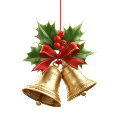 Two golden christmas bells hanging with a red ribbon and holly berries on a black background