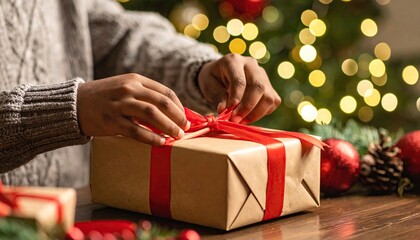Hands tying a ribbon on a Christmas gift box