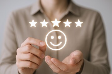 Businesswoman holding glowing smiley face icon with five star rating concept.