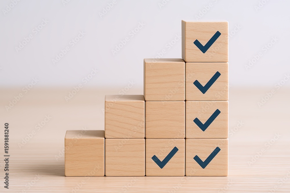 Poster stacked wooden blocks arranged in ascending order with checkmarks symbolizing success.