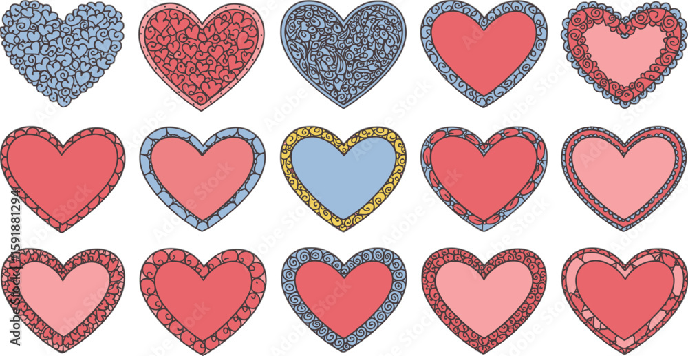 Poster vector art of collection of colorful heart frames and patterned hearts isolated on transparent backg