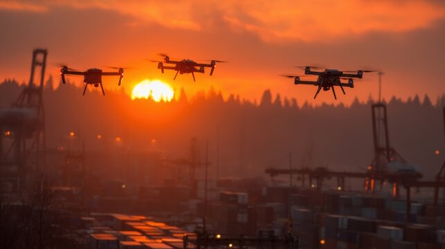 Three Drones Flying Over a Busy Shipping Port at Sunset, Featuring Cranes, Containers, and a Vibrant Orange Sky