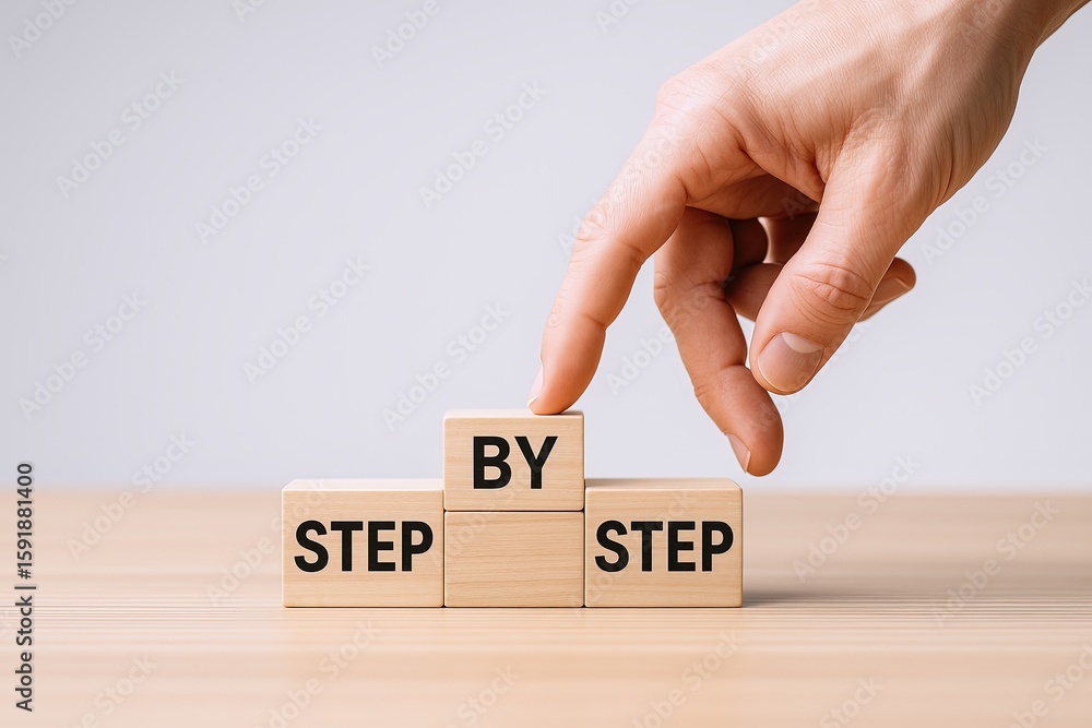Poster hand stacking wooden blocks spelling out by to represent a step or progress.