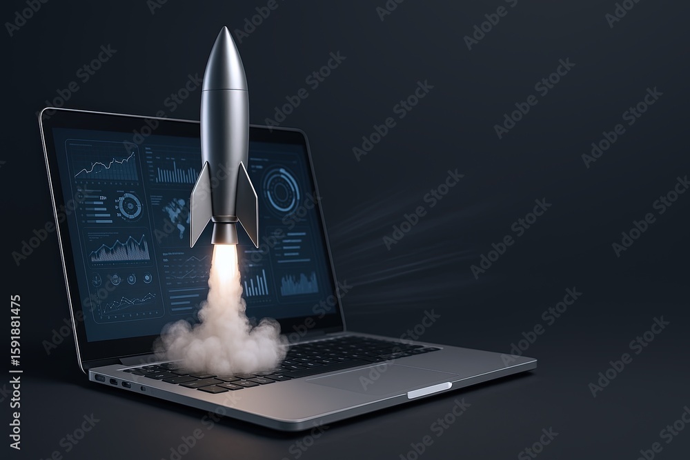 Poster futuristic rocket launch emerging from laptop screen with digital graphs and data visualization.