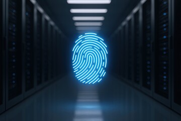 Bright Blue Biometric Fingerprint Scan in Dark Data Center Hall with Servers.