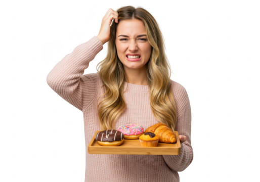 A confused young woman scratches her head while holding a tray of tempting donuts, a croissant, and a cupcake isolated on transparent background
