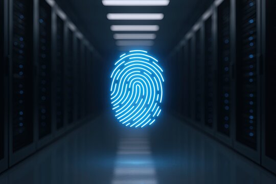 Bright Blue Biometric Fingerprint Scan in Dark Data Center Hall with Servers. - Powered by Adobe