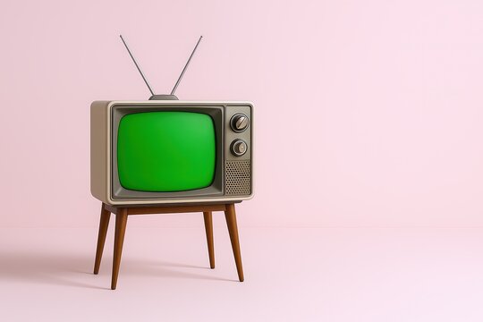 Vintage television set with rabbit ear antennas on wooden stand against pink background.