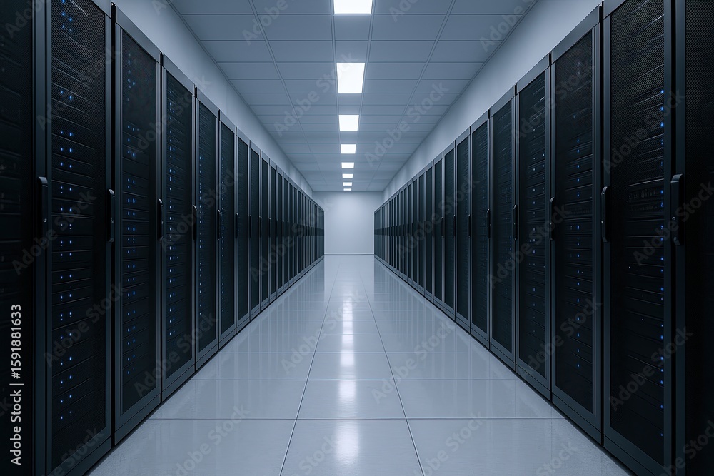 Poster modern data center server room with rows of high-performance servers and cool lighting.