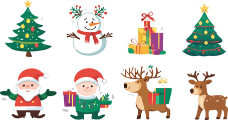 Festive Christmas Elements Featuring Santa Claus Reindeer Snowman Elf Tree and Gifts