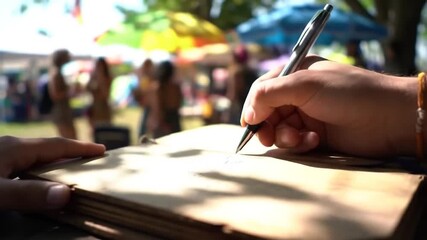 Hand writing in a journal at an outdoor event with people in the background