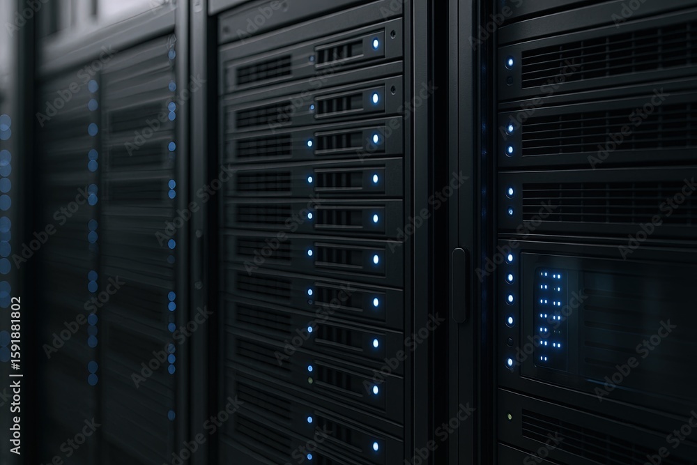 Poster modern data center server racks with illuminated blinking led lights and cooling fans.