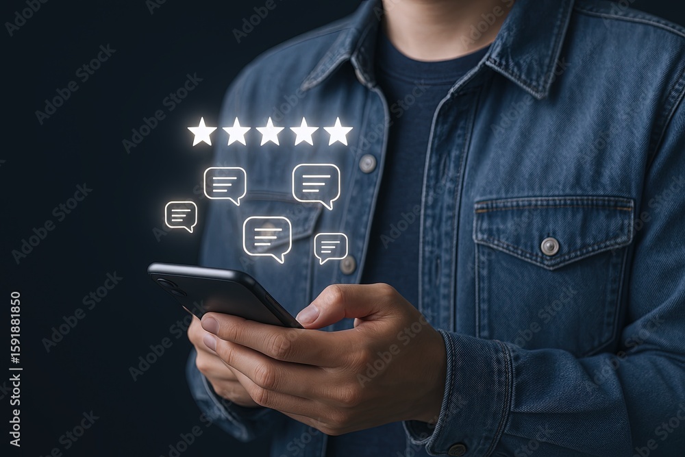 Poster man in denim jacket using smartphone with digital review and feedback icons.