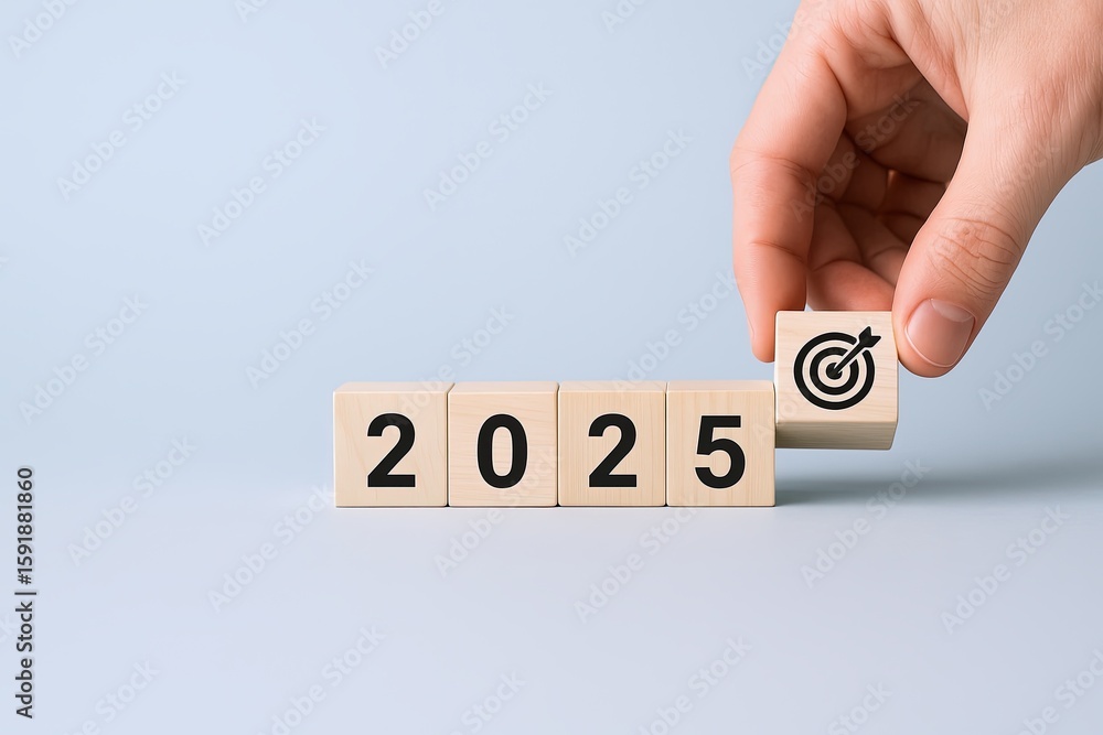 Poster hand placing block with target symbol next to blocks displaying the year 2025 on a light blue backgr