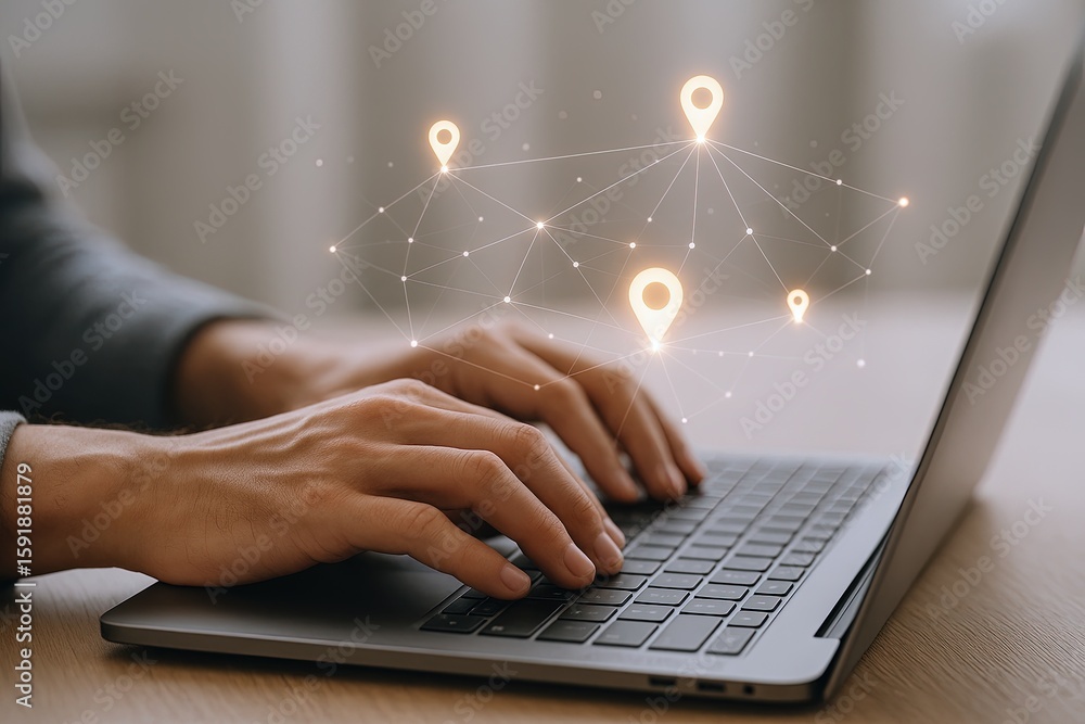 Poster hands typing on a laptop with digital location pins and network connections overlay.