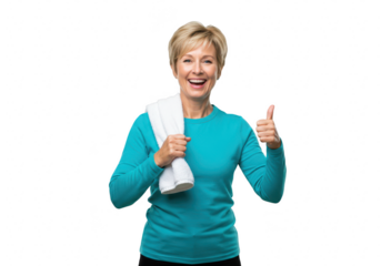 A happy mature woman with blonde hair gives a thumbs up while holding a towel after a workout, isolated on white isolated on transparent background