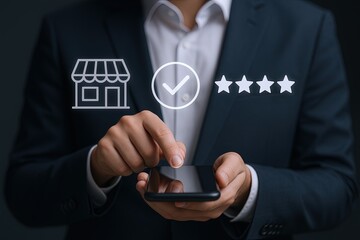 Businessman in suit using smartphone with digital rating icons and shop symbol.