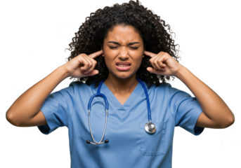 A young nurse with curly hair plugs her ears with her fingers, looking annoyed and in discomfort from loud noise, isolated on white isolated on transparent background